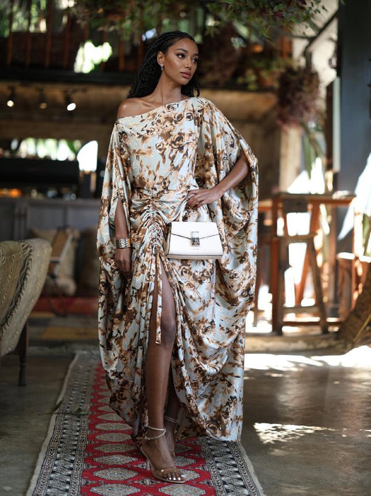 Elegant One-Shoulder Floral Draped Ruched Maxi Dress