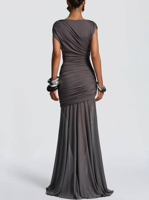 Pleated Design Spliced See-through Skirt Maxi Dress