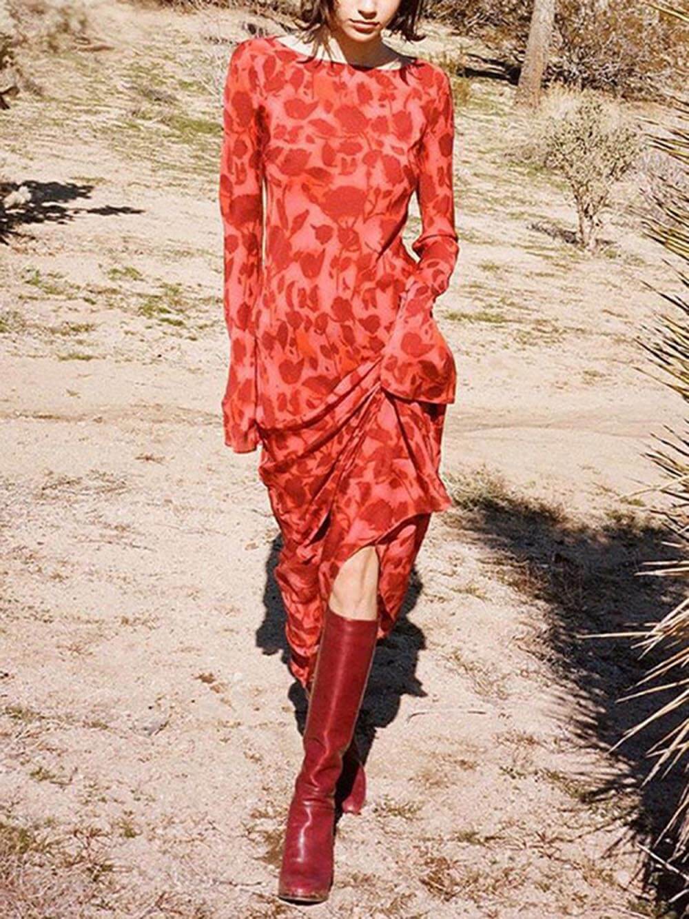 Unique Print Boat Neck Long Bell Sleeve Bias Cut Maxi Dress