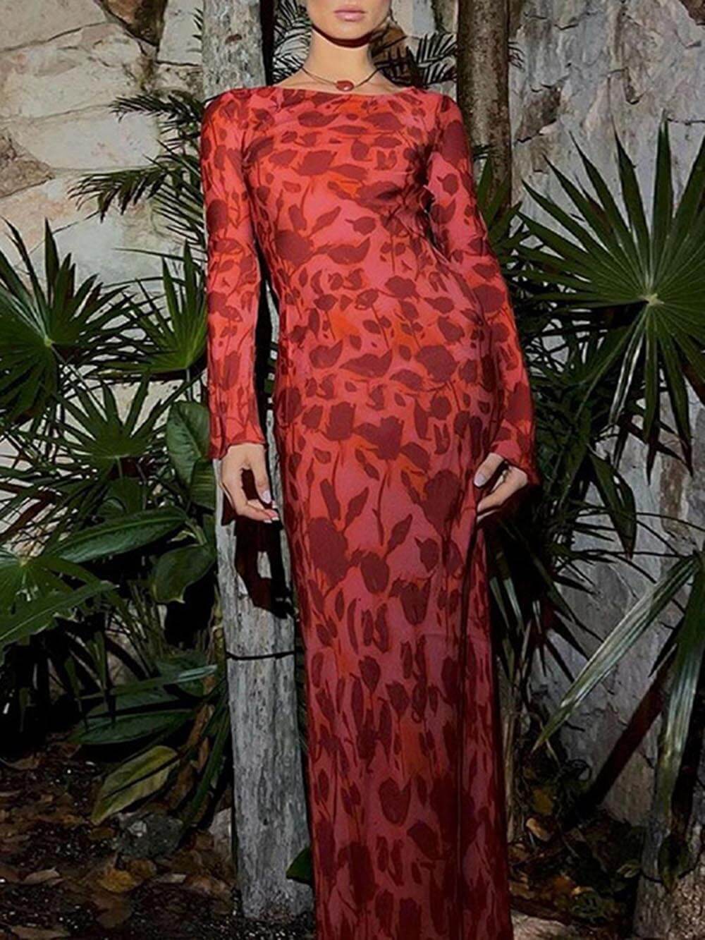 Unique Print Boat Neck Long Bell Sleeve Bias Cut Maxi Dress