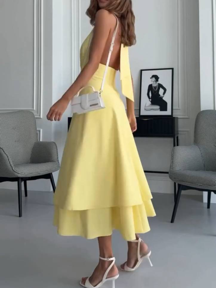 Deep V Halter Neck Double-layer Midi Dress