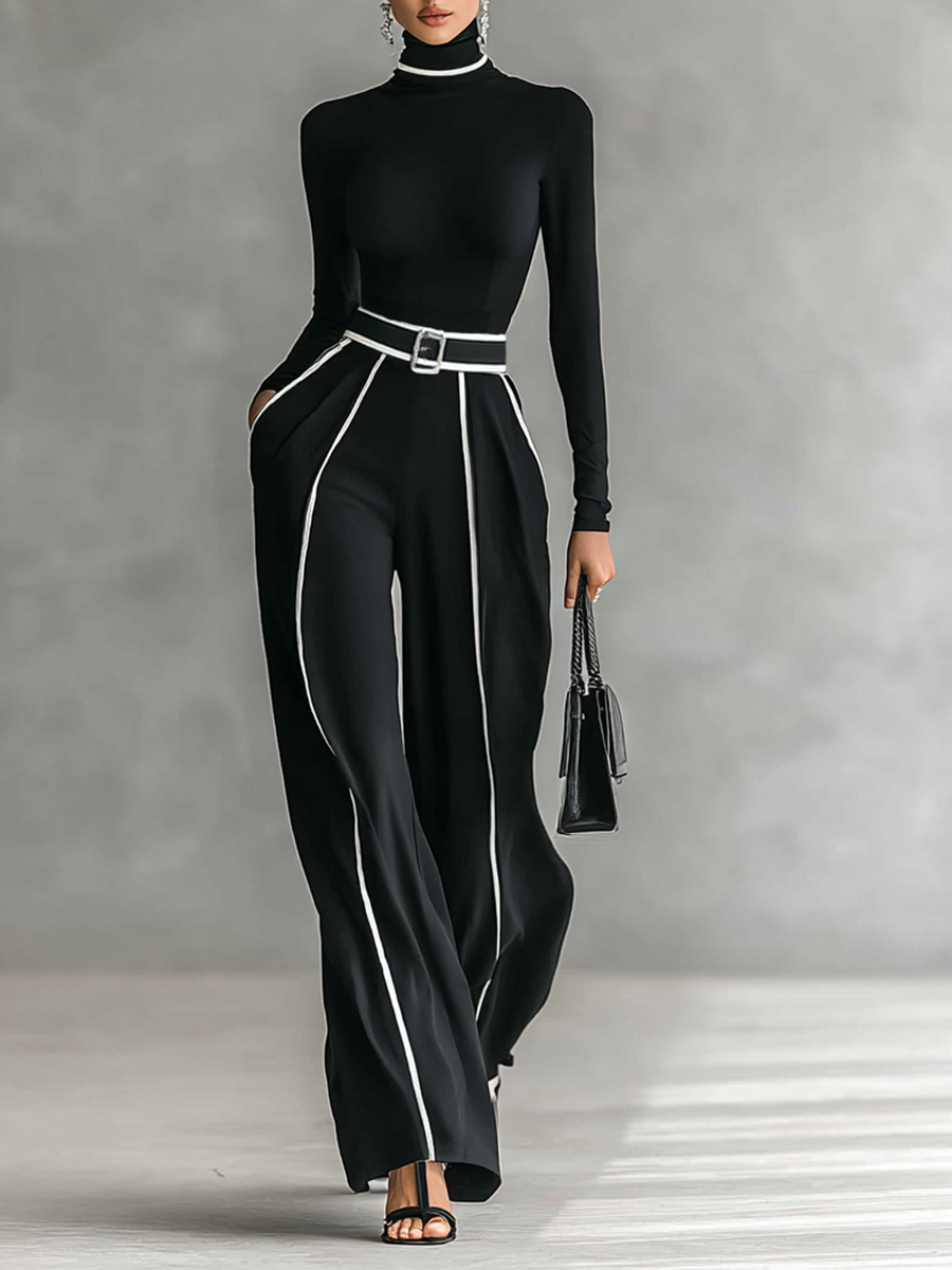Women's White Trimmed Turtleneck Long Sleeve Top Wide Leg Pants Belt Two-Piece Set