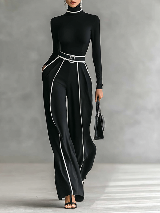 Women's White Trimmed Turtleneck Long Sleeve Top Wide Leg Pants Belt Two-Piece Set