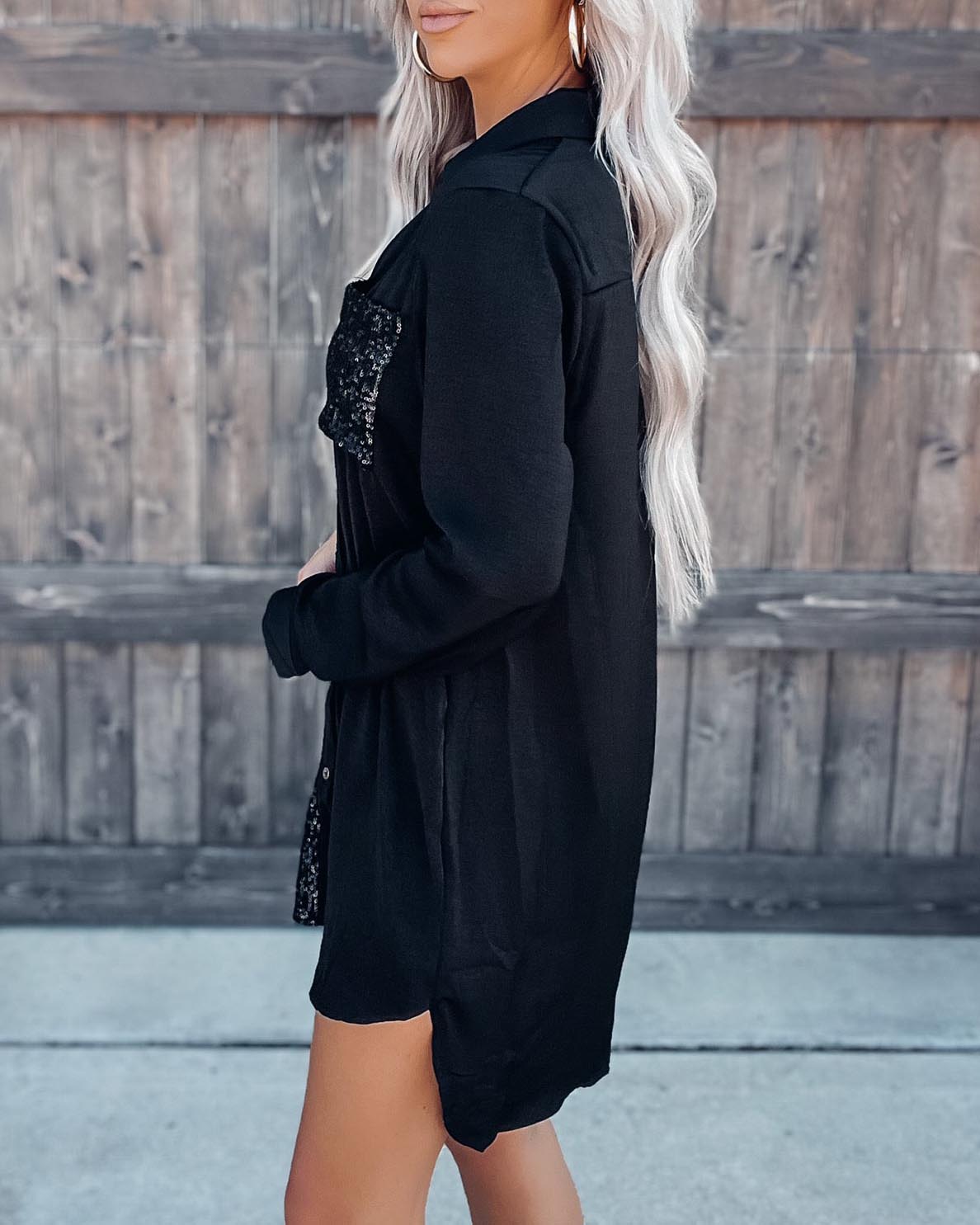 SATIN SEQUIN BUTTON DOWN DRESS