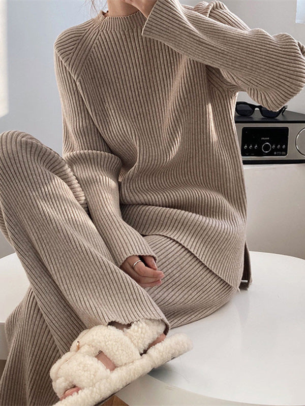 Urban Loose Solid Round-Neck Split-Side Sweater& Wide Leg Pants Suits