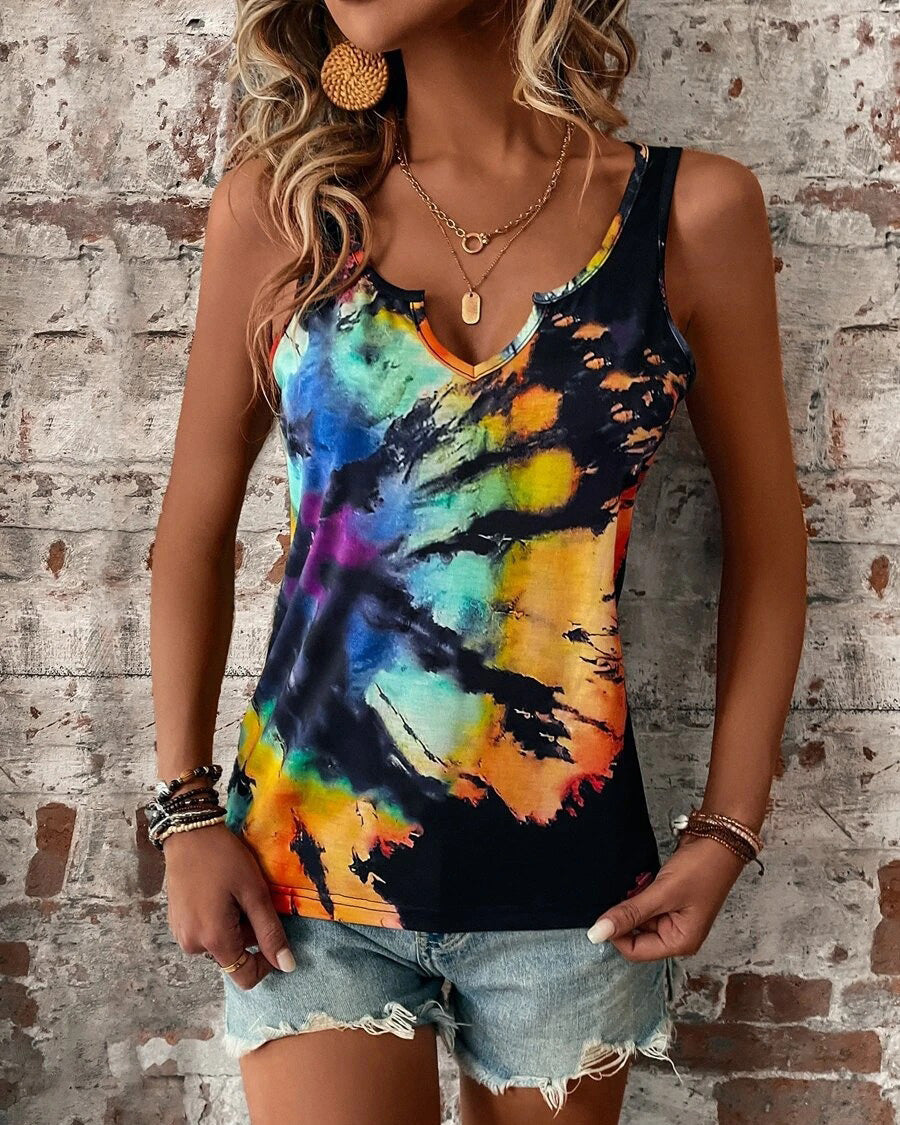 COLOR PRINT V NECK TOP