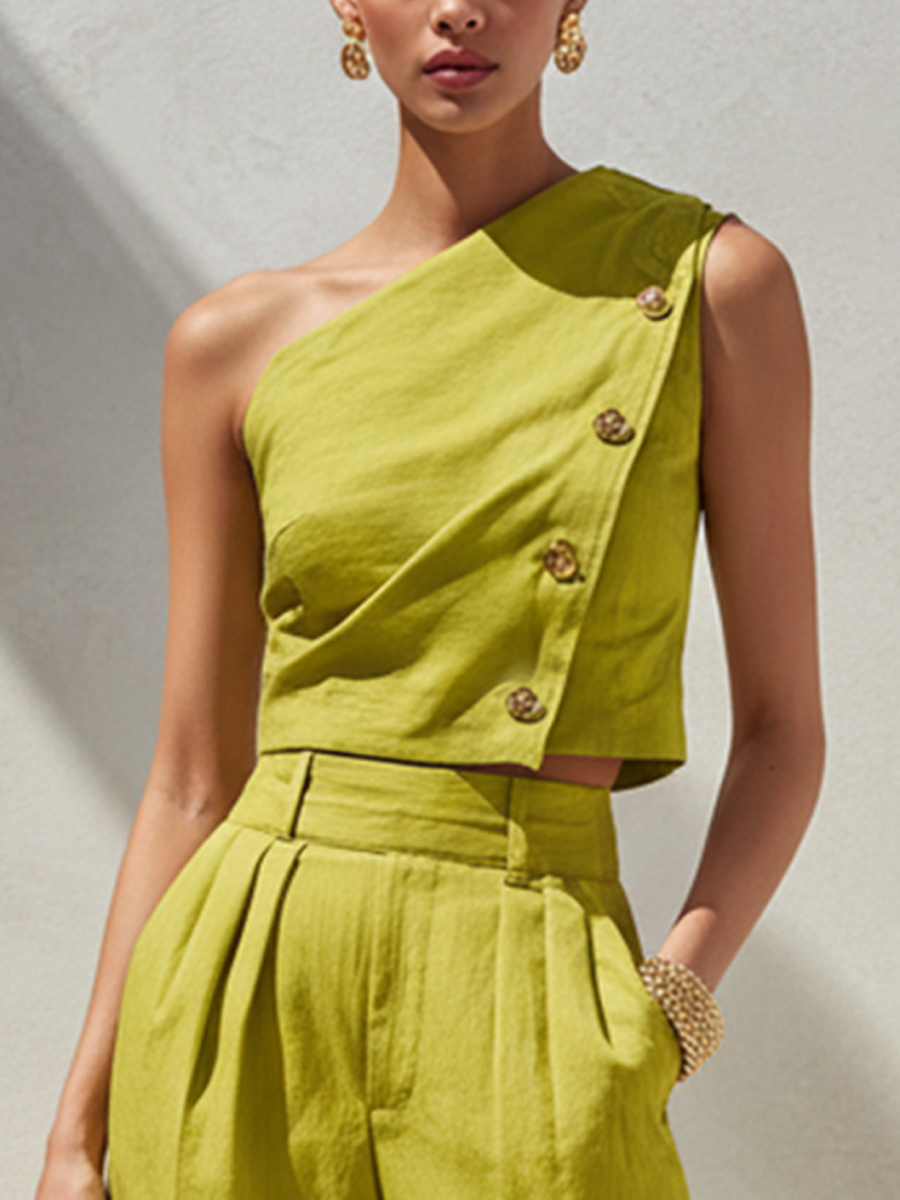 Women's Fashion Lemon Green Cotton Linen One-Shoulder Metal Buckle Top And Wide-Leg Pants Set