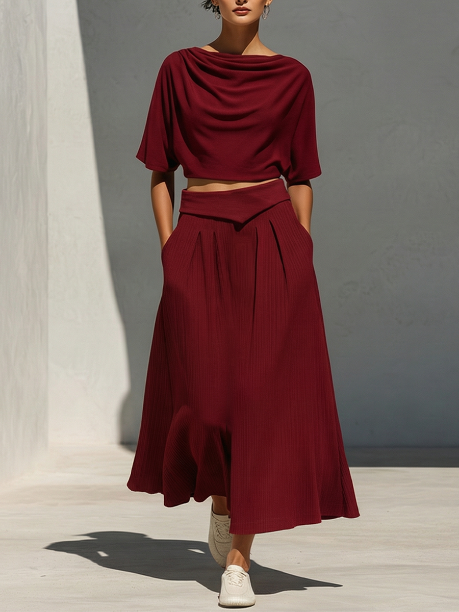 Women's Burgundy Lightweight Knit Set With Relaxed Fit & Side Pockets, Contemporary Effortless-Resort Style Set