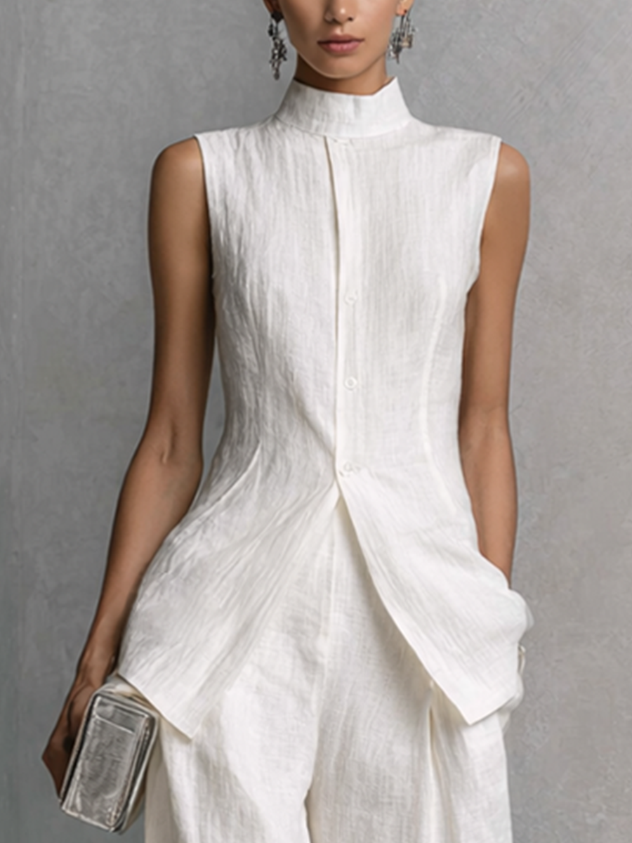 Women's Elegant White Cotton Linen Sleeveless Top and Wide-Leg Pants Set