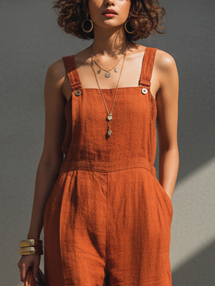 Women's Retro Orange Cotton Linen Sleeveless Overall Wide-Leg Jumpsuit