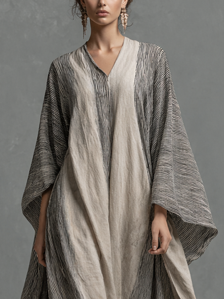 Women's Boho Striped V-Neck Cotton Linen Oversized Kaftan Maxi Dress