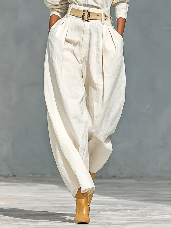Women's Fashion Cotton And Linen Blend Crew Neck Long Sleeve Shirt Loose Trousers Set (belt Not