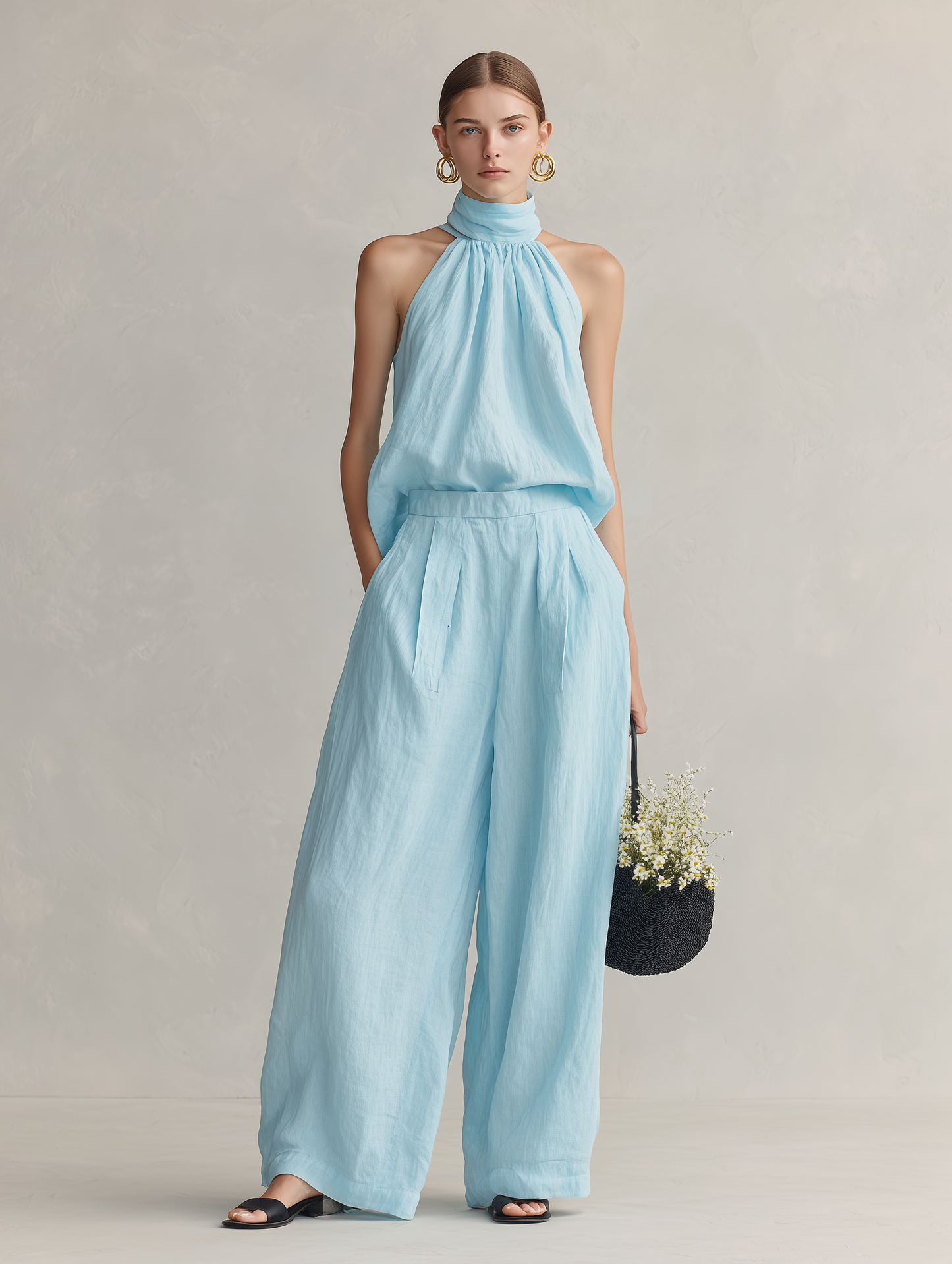 Women's Elegant Light Blue Cotton-Linen Round-Neck Sleeveless Top And Trousers Set