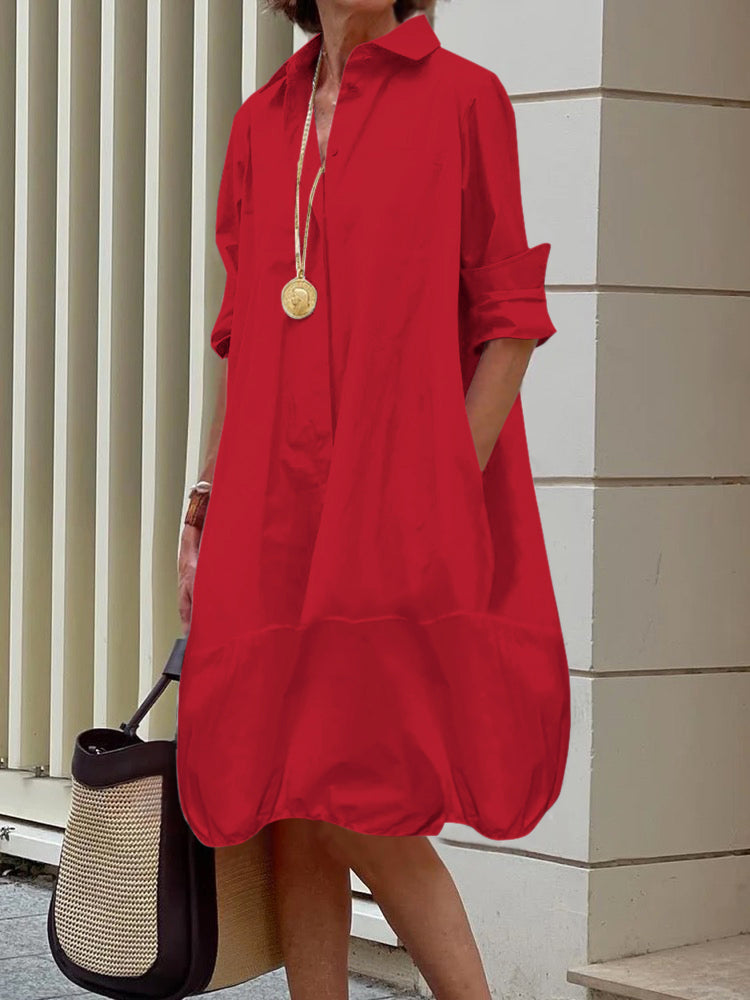 Long Sleeves Loose Solid Color Lapel Collar Midi Dresses Shirt Dress