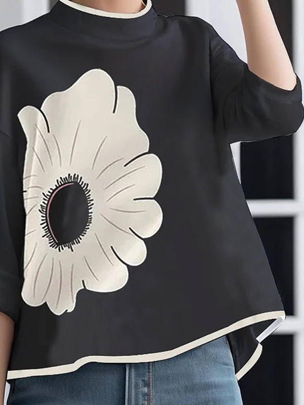 A-line High-low Flower Print Mock Neck T-Shirts Tops