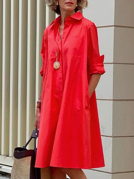 Simple Long Sleeves Solid Color Lapel Midi Dress