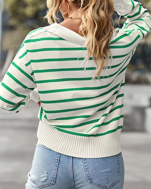 V NECK STRIPED KNIT SWEATER(4 COLORS)