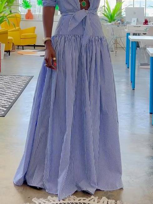 Striped Stand Collar Shirt And Skirt Suit-Skirt