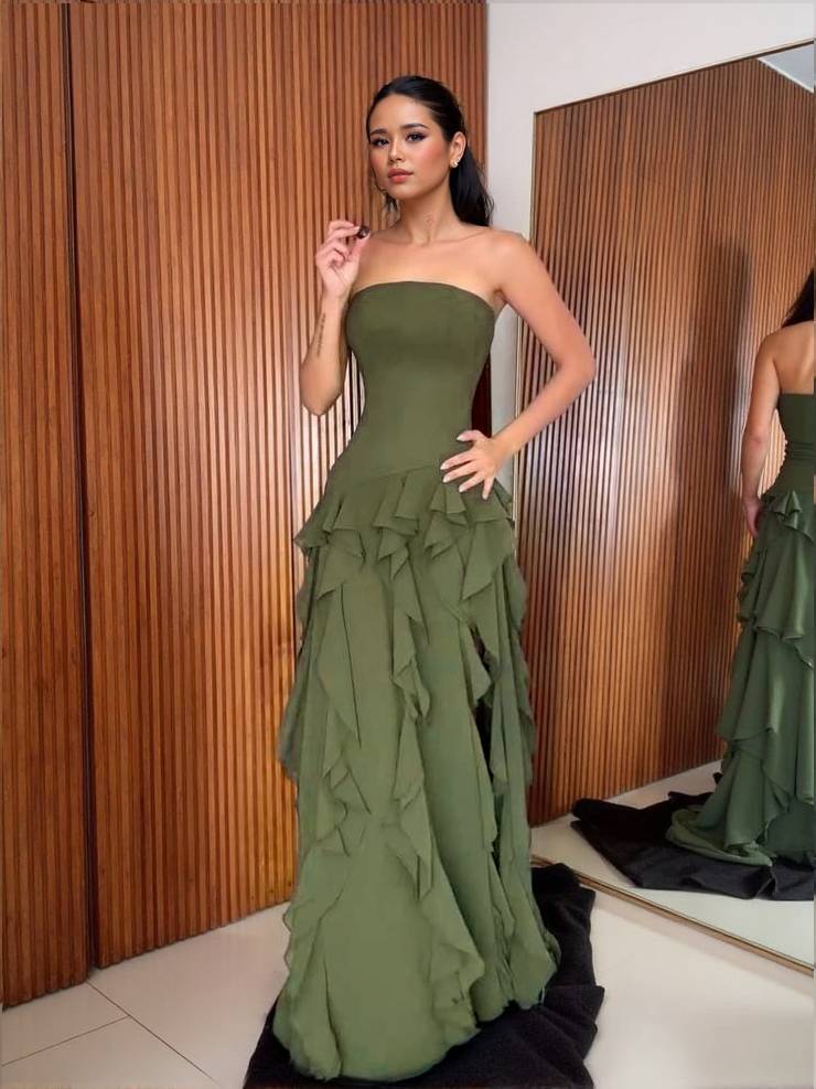 Tube Top Multi-layer Ruffled Side Slit Maxi Dress