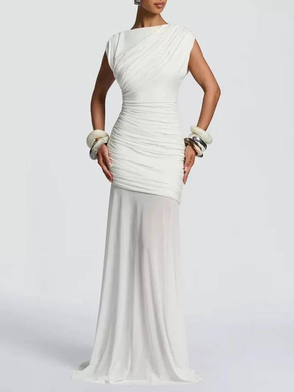 Pleated Design Spliced See-through Skirt Maxi Dress