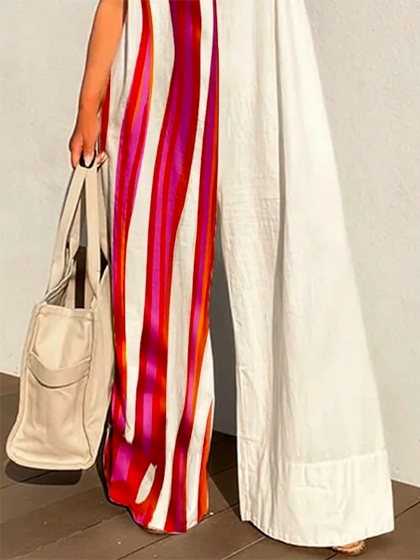 Sleeveless Wide Leg Contrast Color Printed Shoulder Pad Striped Jumpsuits