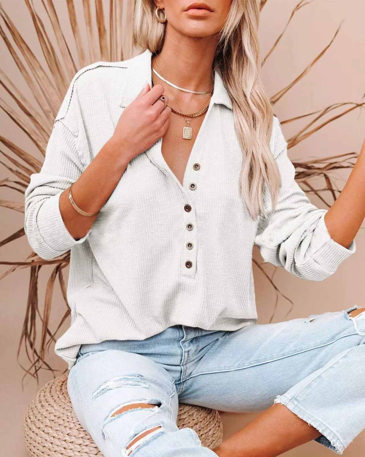 BUTTON DOWN LONG SLEEVE TOP(9 COLORS)