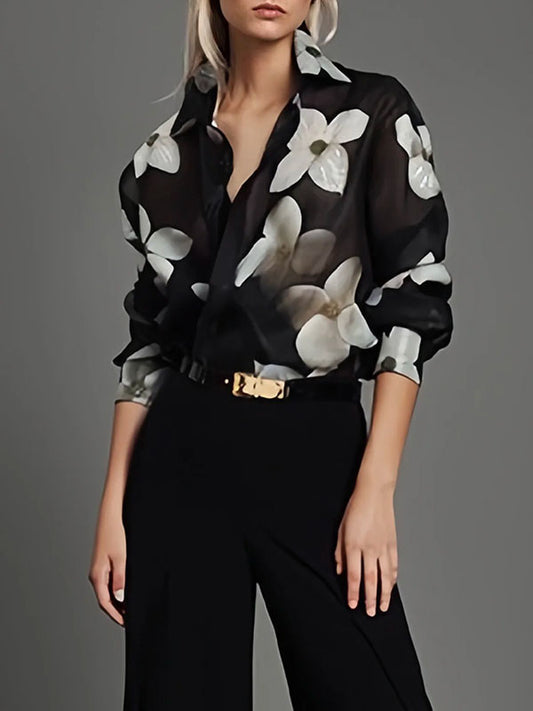 Long Sleeves Loose Floral Printed Lapel Blouses