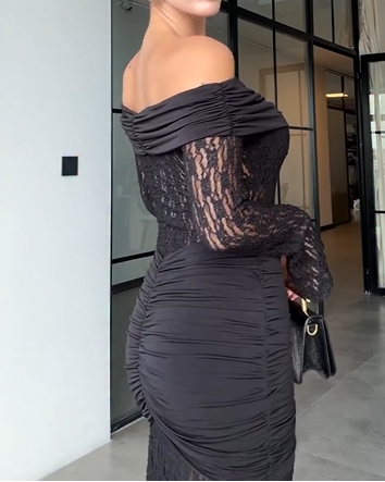 Sexy Strapless Long Sleeve off-Neck Solid Color Lace Maxi Dress