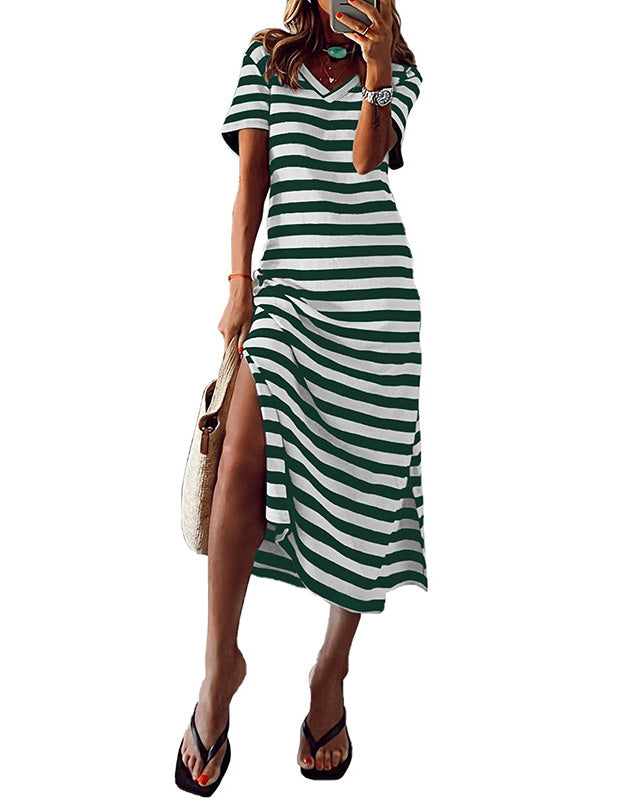 VENT STRIPE PRINT LONG DRESS