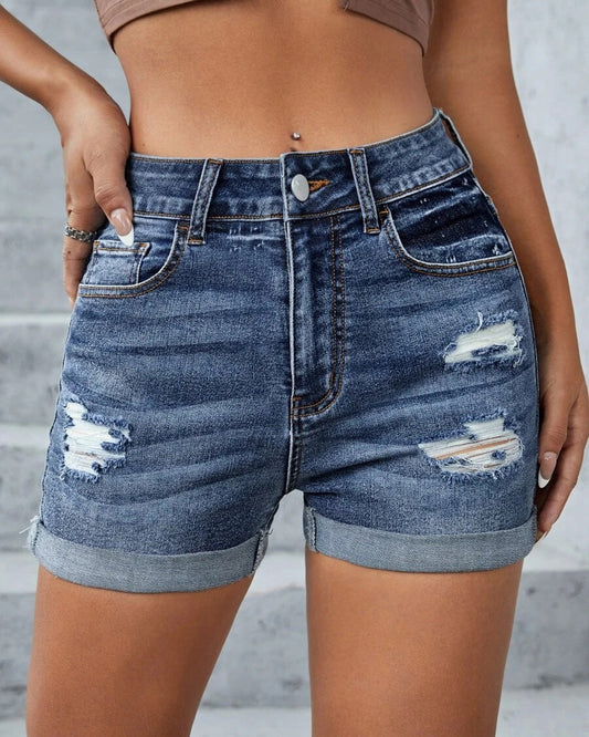 HIGH RISE DISTRESS DENIM SHORTS