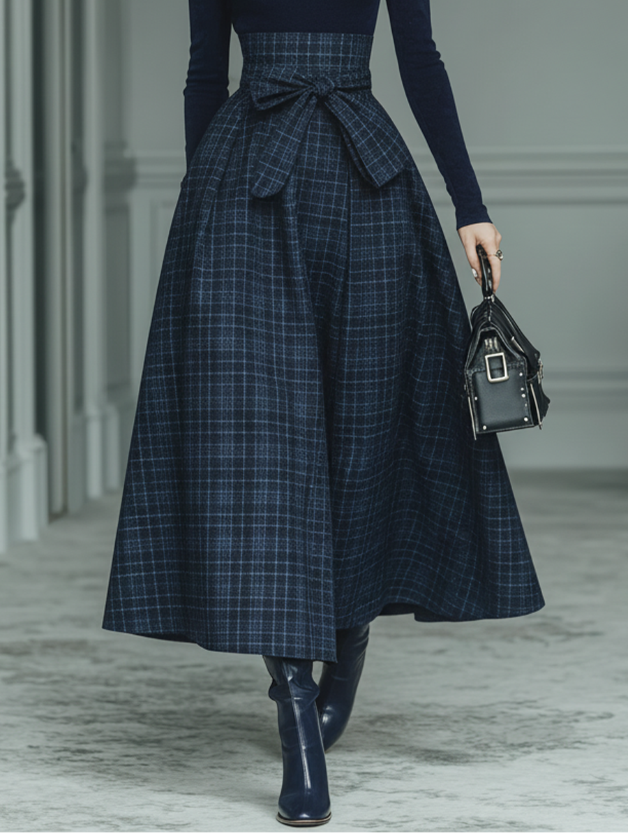 Women's Dark Blue High Elastic Knit And Plaid Wool Skirt Set