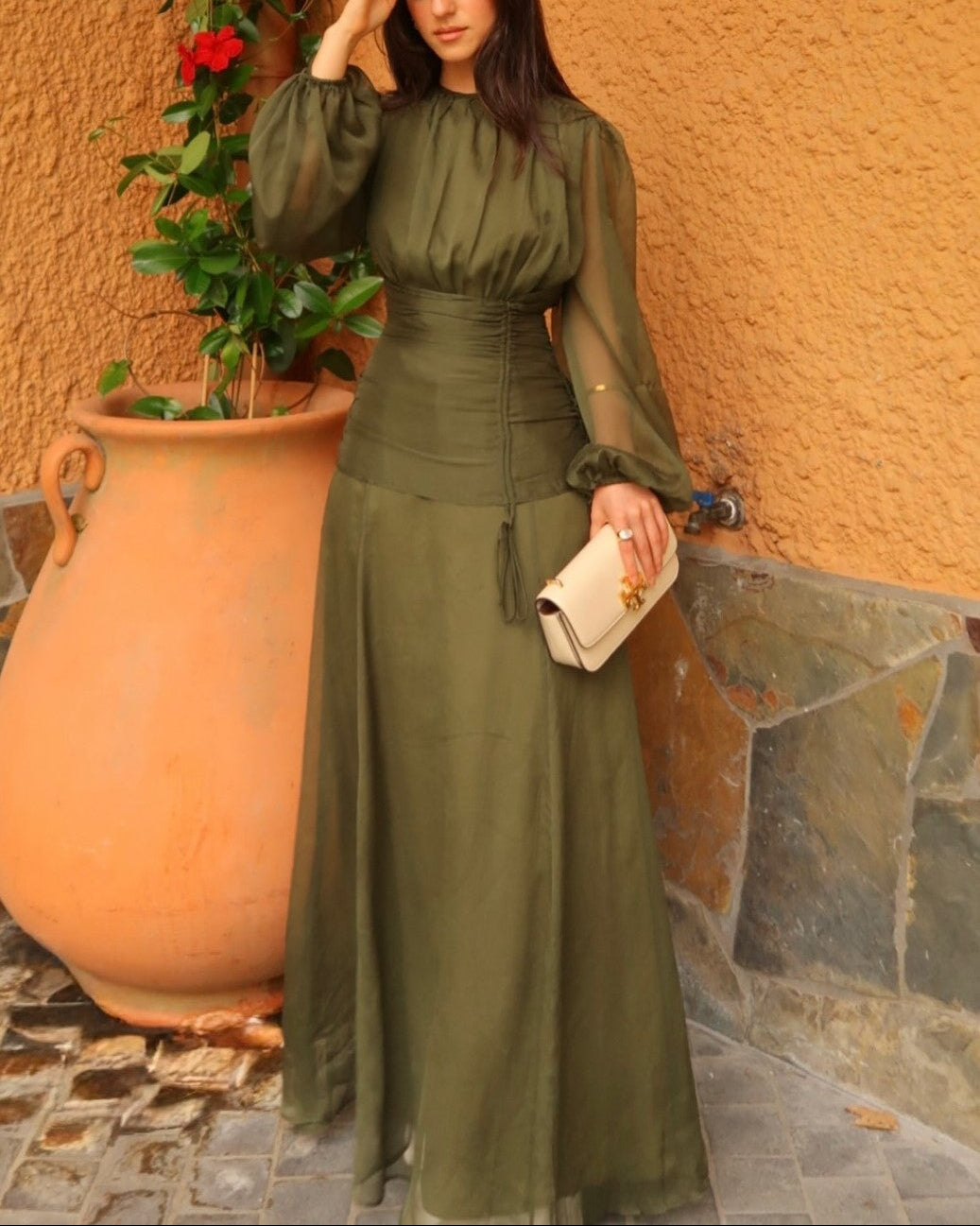 Sexy round Neck Loose Solid Color Waist Tight Maxi Dress