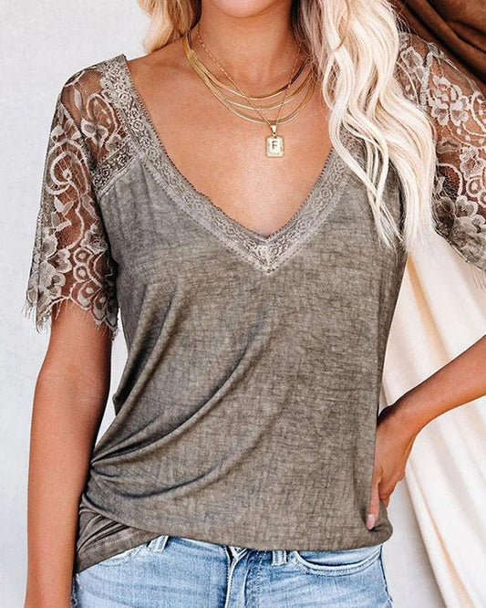 V-NECK LACE TEE (5 COLORS)