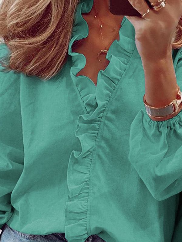 Puff Sleeves Falbala Solid Color V-Neck Blouses