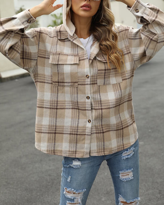 HOODED POCKET PLAID SHIRT