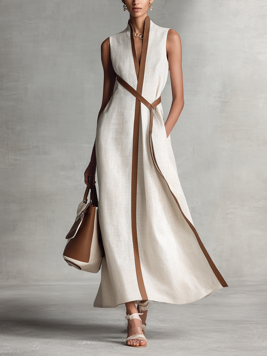 Women's Sleeveless V-Neck Tie-Waist Cotton Linen Maxi Dress