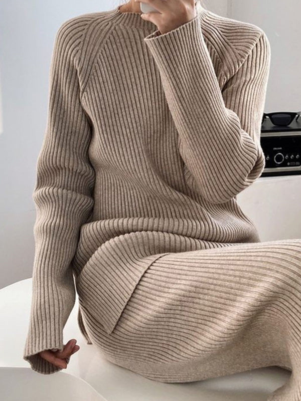 Urban Loose Solid Round-Neck Split-Side Sweater& Wide Leg Pants Suits