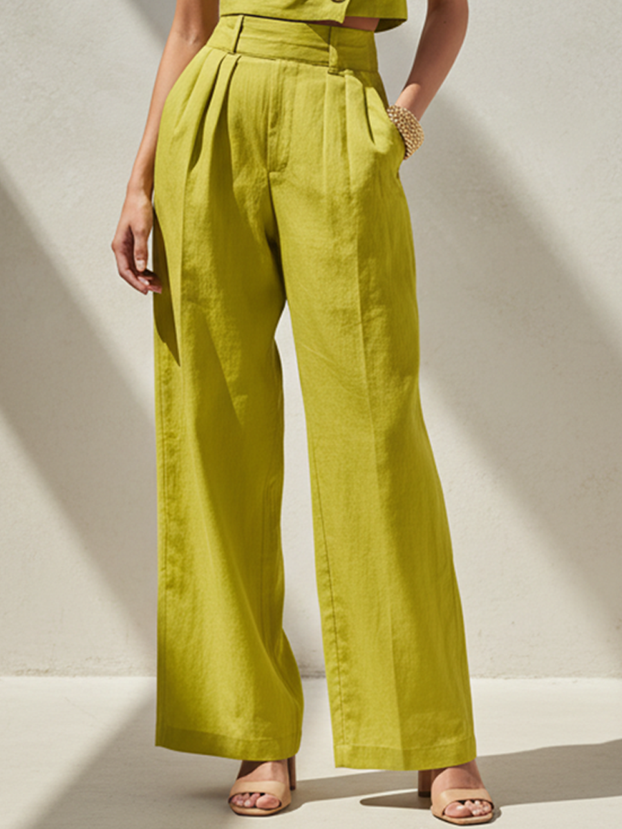 Women's Fashion Lemon Green Cotton Linen One-Shoulder Metal Buckle Top And Wide-Leg Pants Set