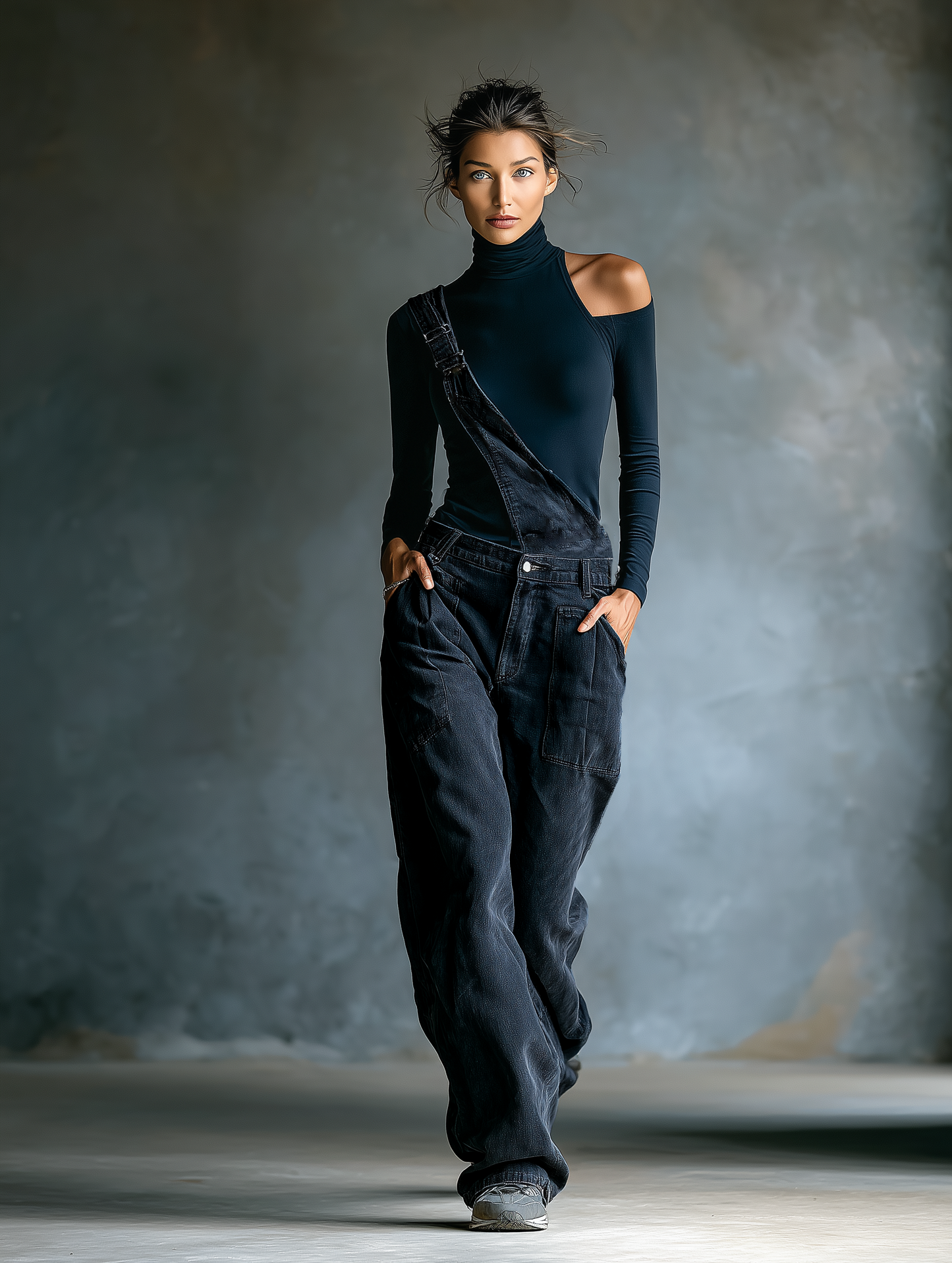 Women's Black Cotton One-shoulder Turtleneck Top And Blue-grey Denim Loose-fitting Overalls Set