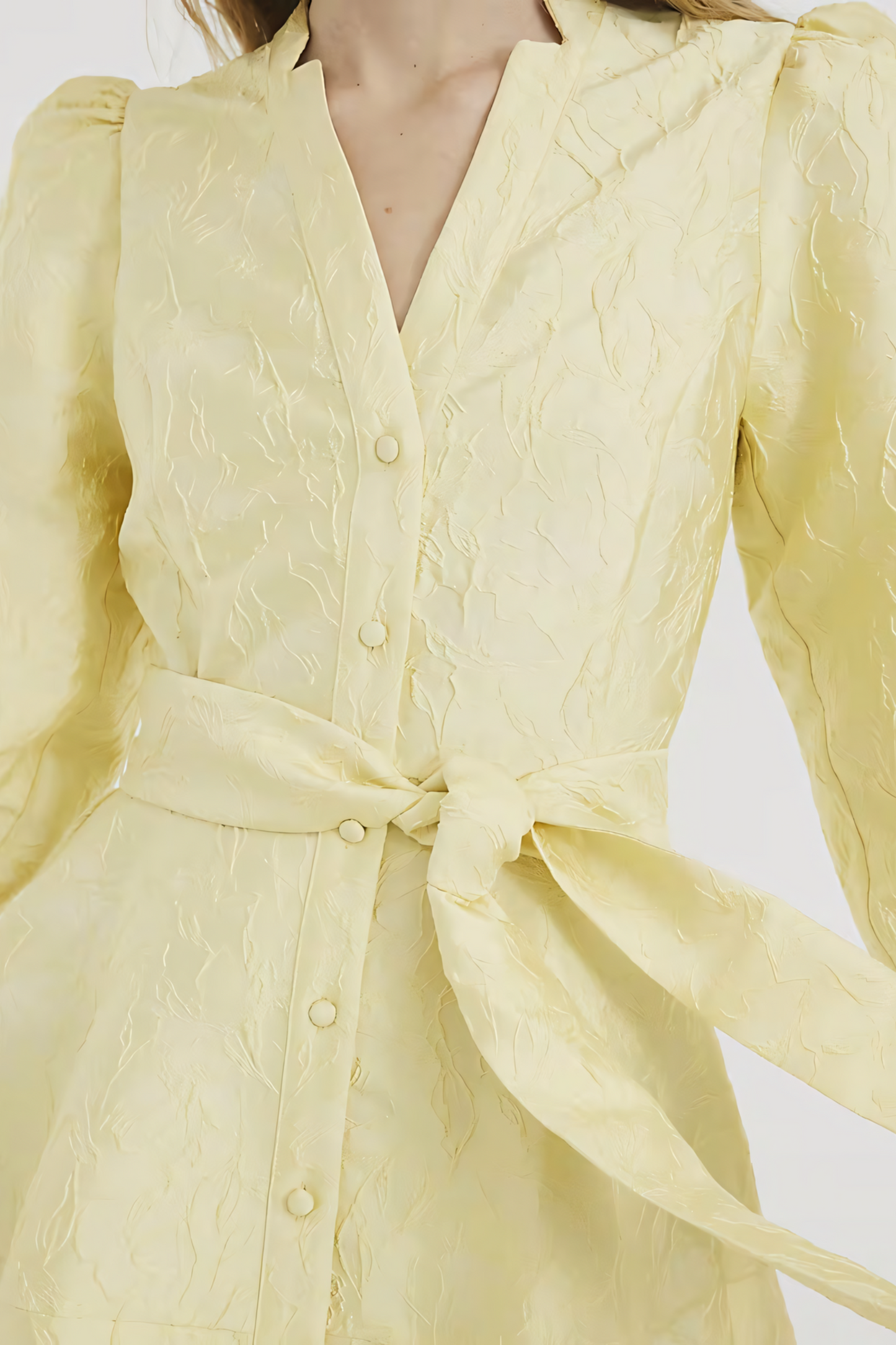 Yellow Belted Jacquard Mini Dress