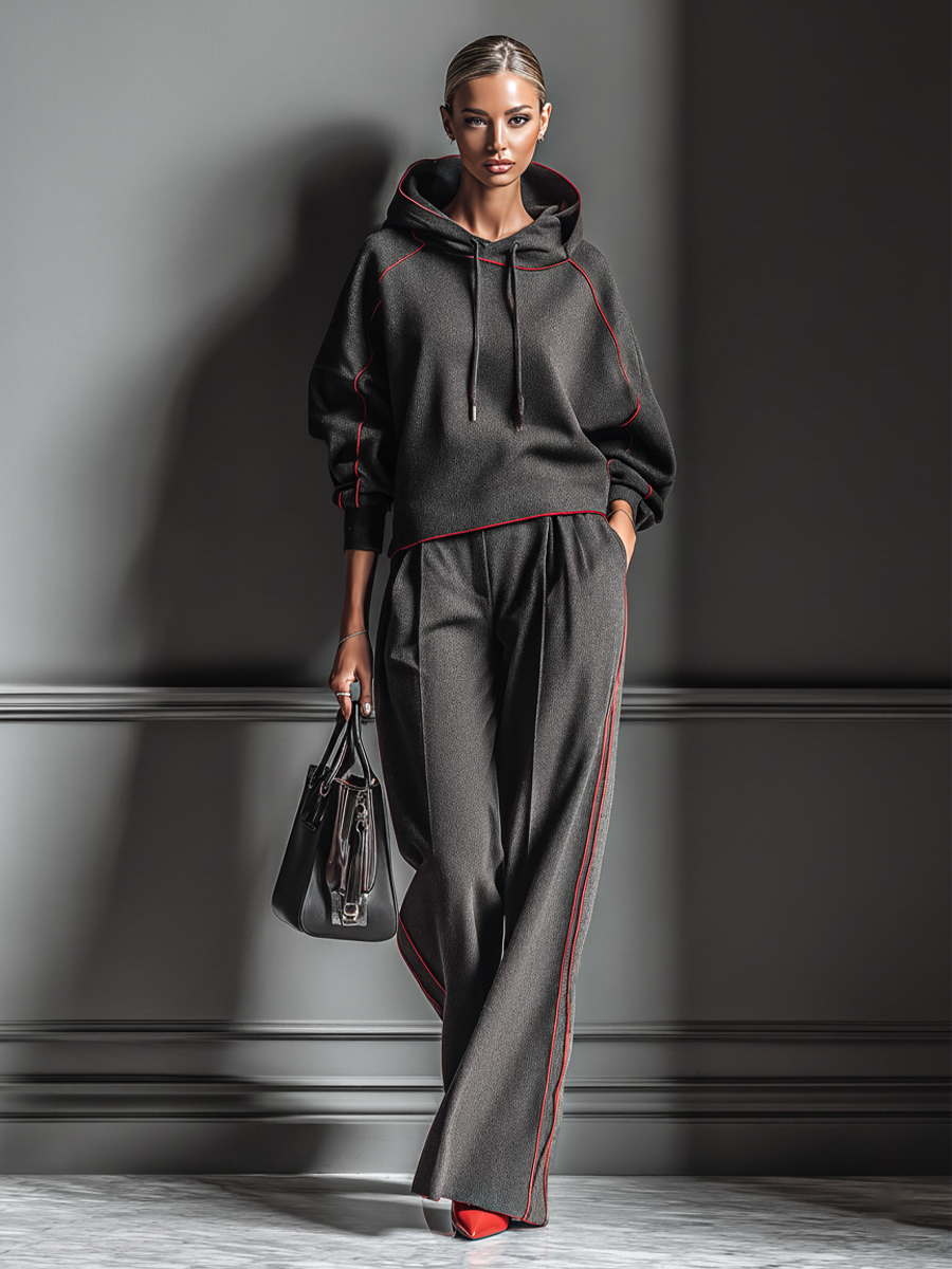 Women's Dark Gray Air Layer Red Contrasting Edge Hooded Sweatshirt And Straight Pants Set