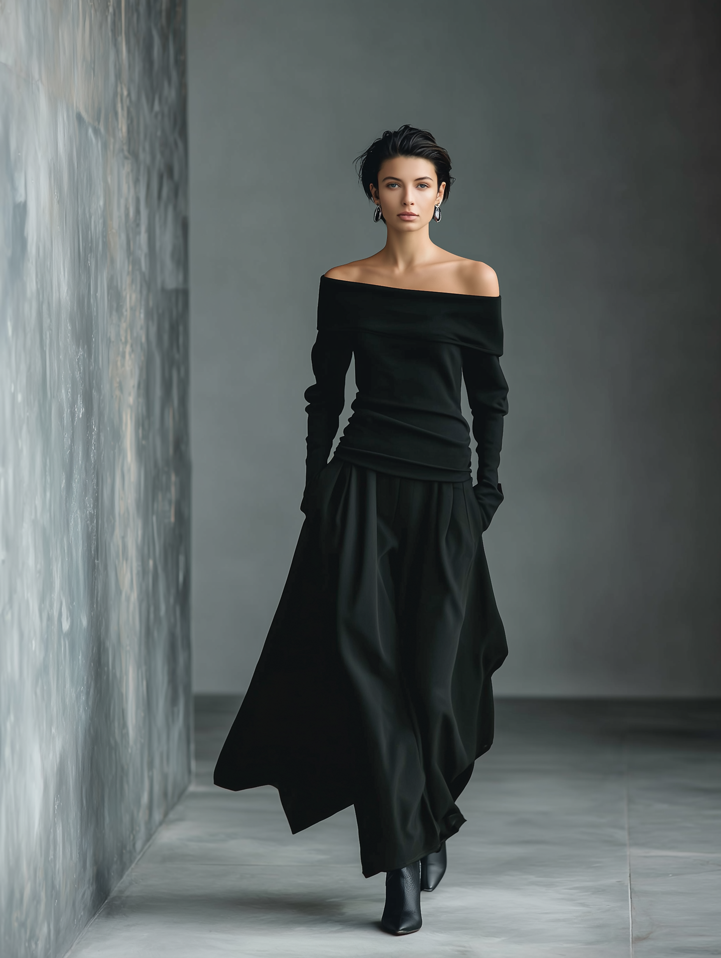 Women's Black Knit Off-Shoulder Fitted Top And Woven Fabric Skirt Set