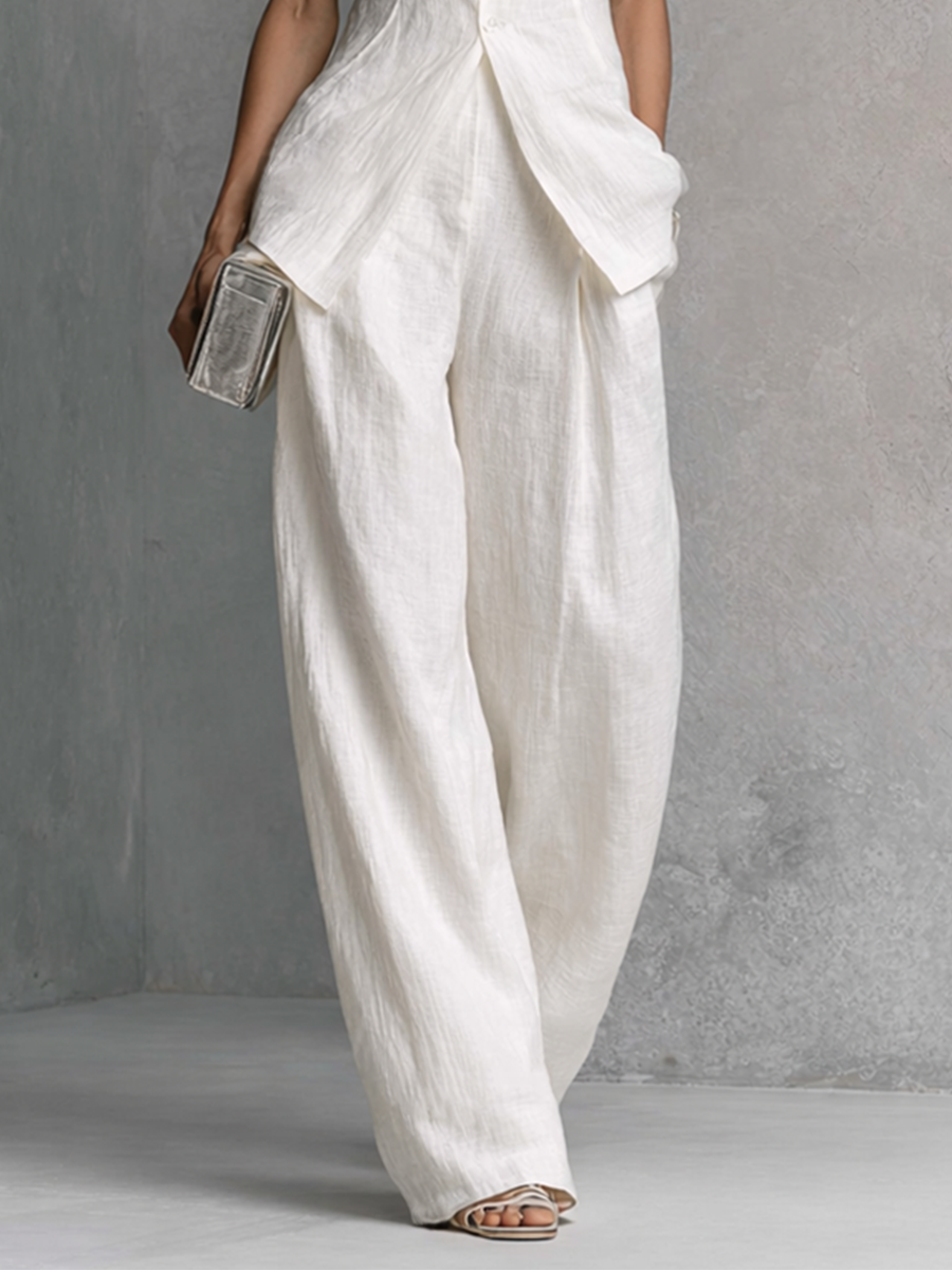 Women's Elegant White Cotton Linen Sleeveless Top and Wide-Leg Pants Set