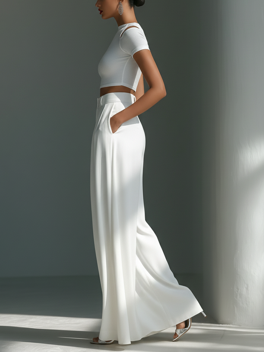 Women's White Two-Piece Set With Cold-Shoulder Crop Top & High-Waisted Wide-Leg Trousers