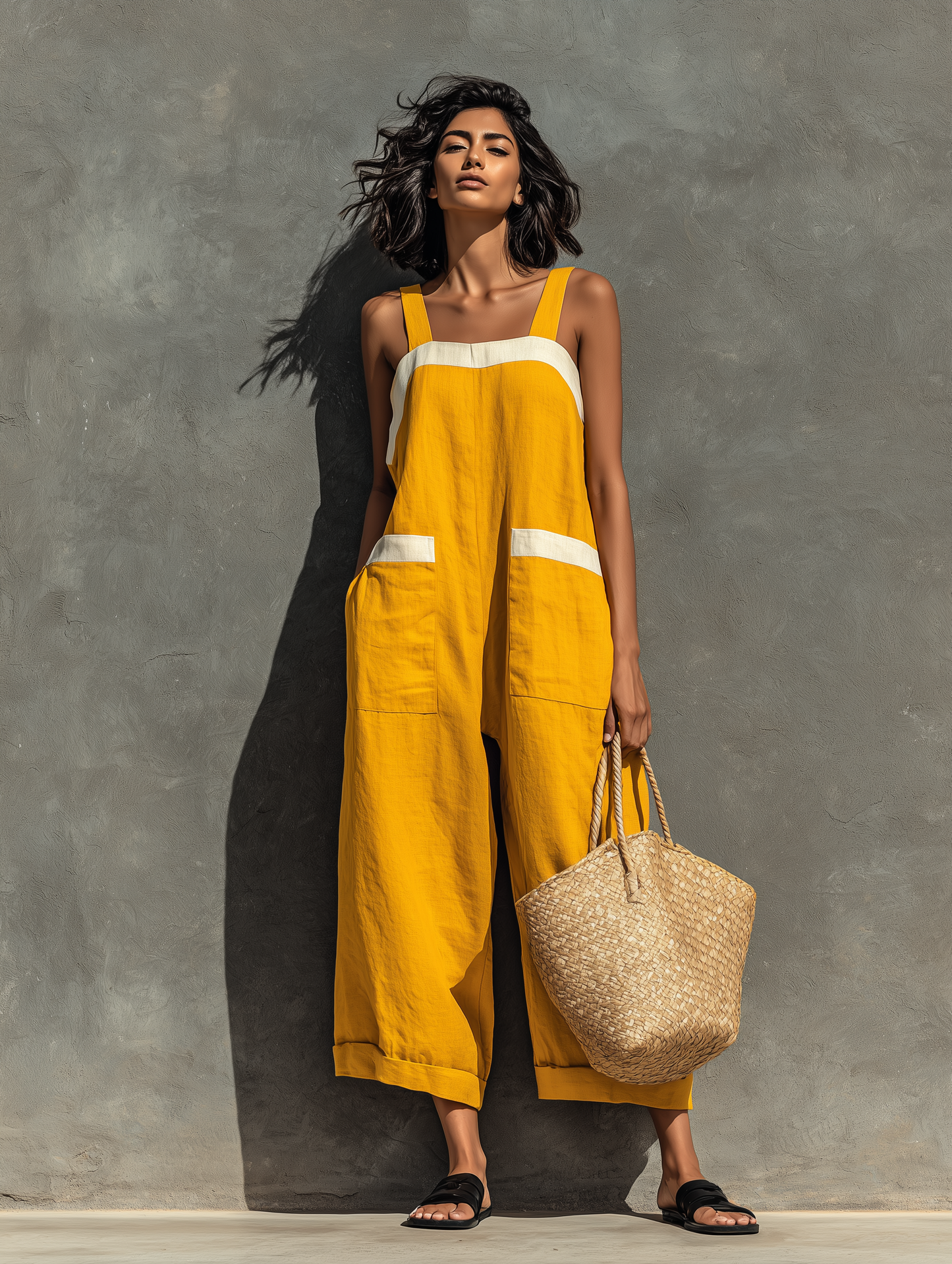Women's Minimalist Linen Blend Square Neck Strapless Loose-fitting Jumpsuit