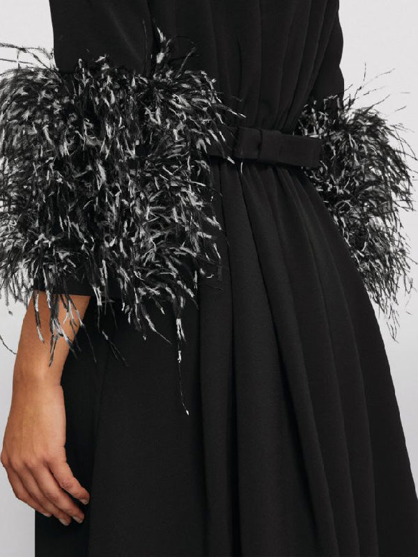 Elegant Simple Black And White Feather Long Sleeve Party Dress