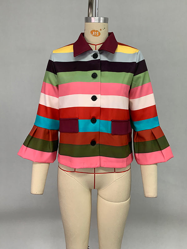 Flared Sleeves Multi-Colored Striped Lapel Jackets Outerwear