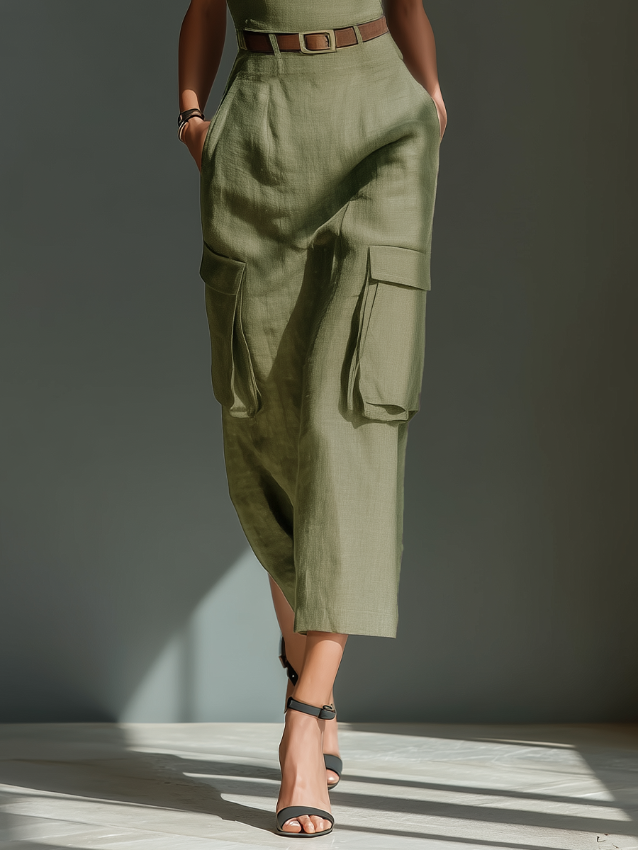 Women's Olive Green Linen Fabric Sleeveless Midi Dress With Cargo Pockets & Belted Waist