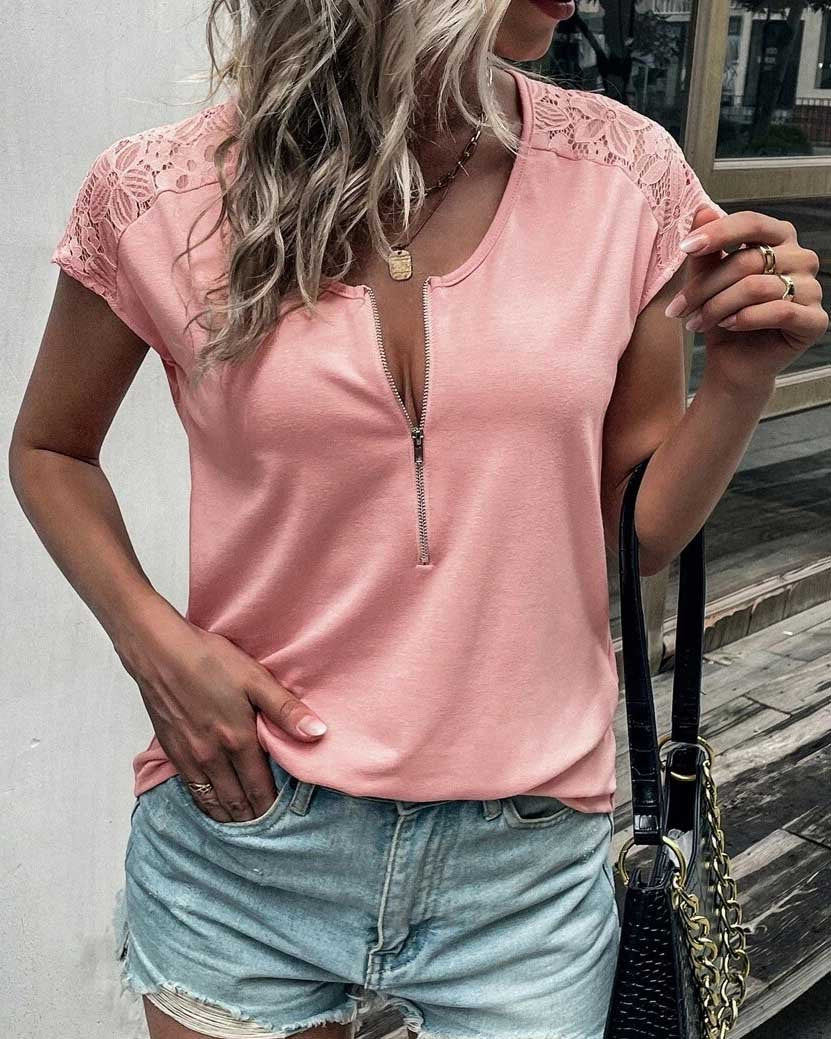 V NECK LACE DECOR TOP