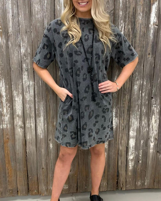 LEOPARD PRINT ROUND NECK DRESS